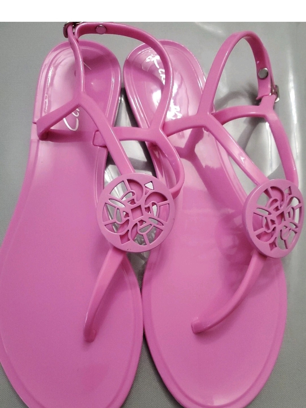 Circus Ny  Women’s Pink Jelly T-Strap Sandals with Decorative Medallion